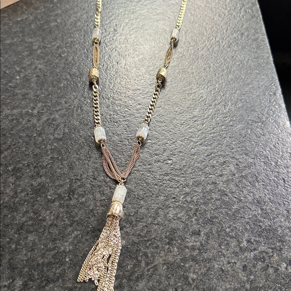 😊Gold Tassel Pendant Necklace with Clear Bead Accents